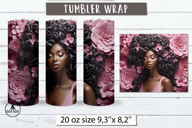 Black woman tumbler with pink flowers| 20 oz skinny tumbler
