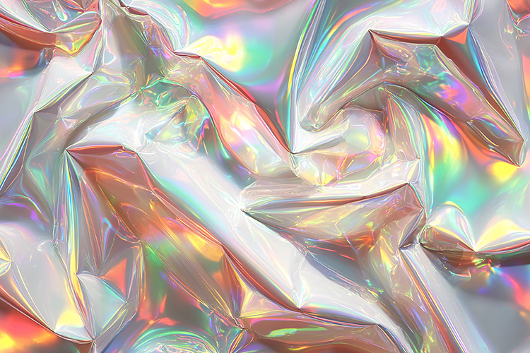 Iridescent plastic with rainbow hues and reflections