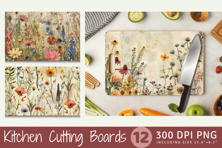 Mixed Media Wildflowers Cutting Boards sublimation Design