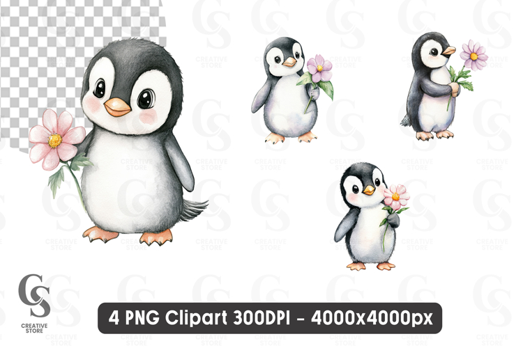 Cute Penguin Holding Flower Watercolor Clipart Sublimation