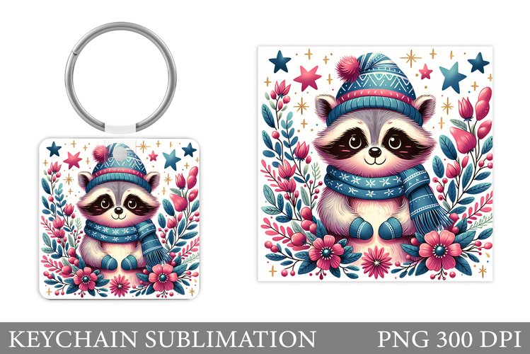 Cute Raccoon Keychain Design. Raccoon Christmas Keychain example image 1