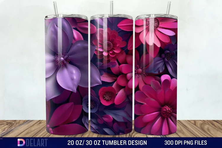 3D Fuchsia and Violet Flowers Tumbler Wrap