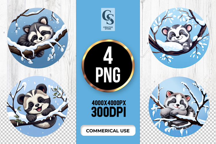 Cute Raccoon On Snowy Branch Clipart Sublimation PNG