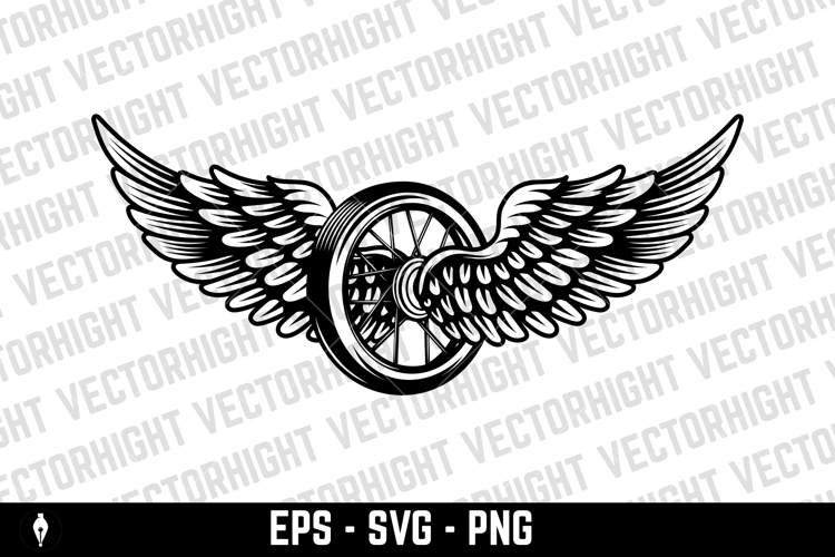 Black and white winged wheel illustration isolated on white