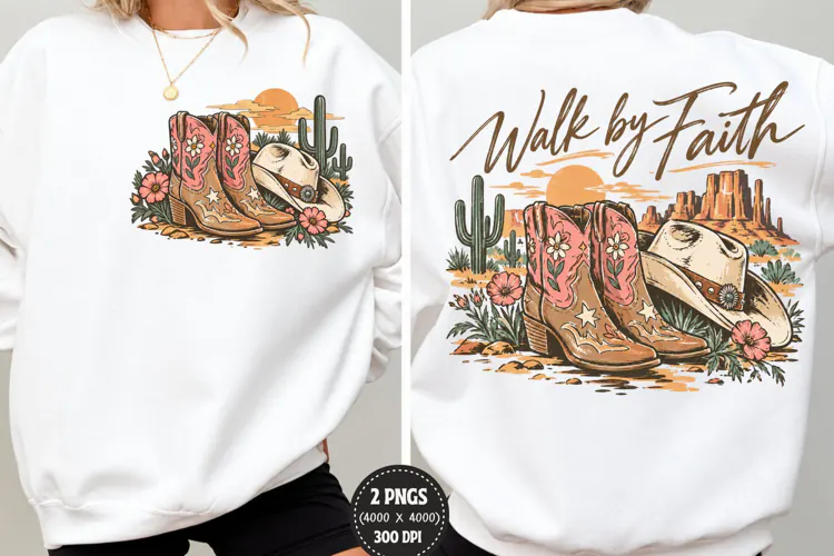 Walk by Faith Front Back Western PNG, Christian Cowgirl Ches