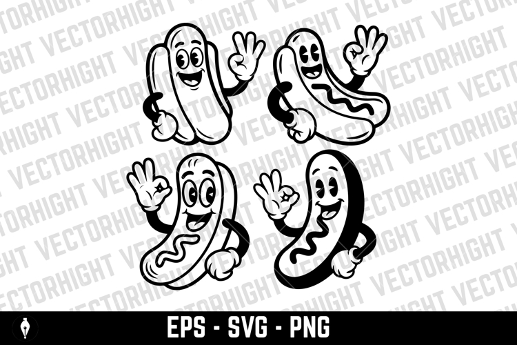 A black and white cartoon mascot of a hot dog