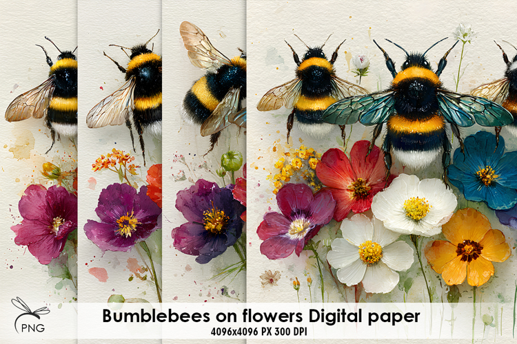 Bumblebees on flowers digital paper, background clipart