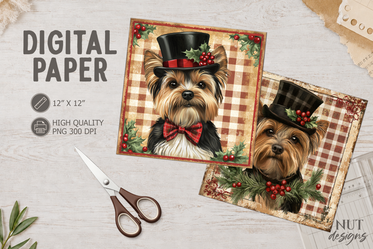Yorkie Vintage Christmas dog Digital Paper Yorkshire terrier