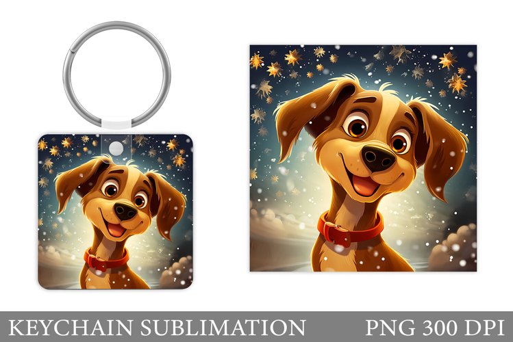 Dog Square Keychain Design. Winter Dog Keychain Sublimation
