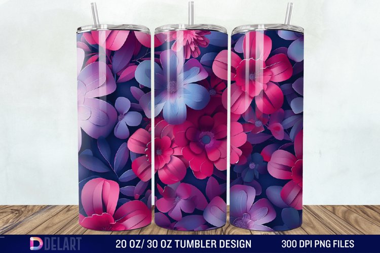 3D Fuchsia and Violet Flowers Tumbler Wrap