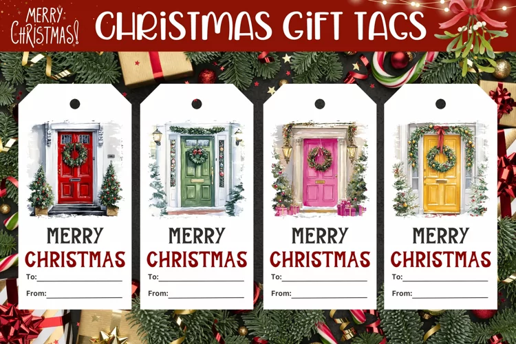 Watercolor Christmas Door Gift Tags, Christmas Gift Tag PNG