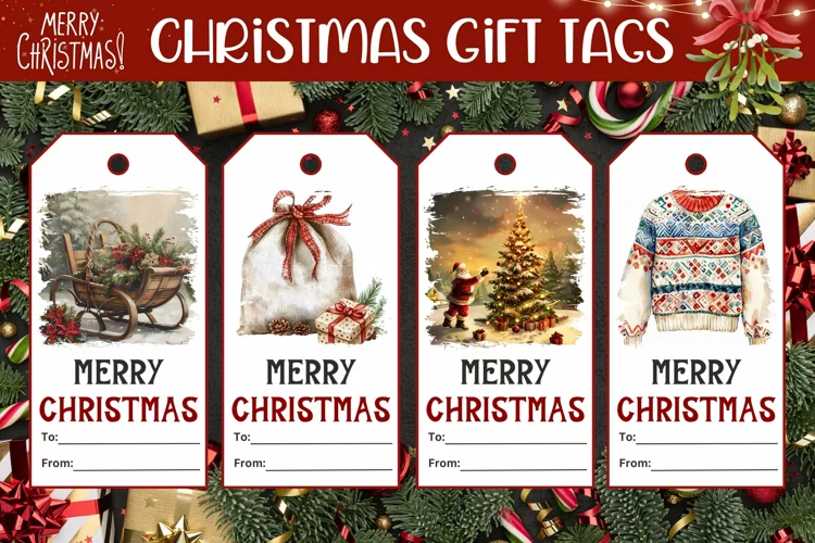 Watercolor Christmas Gift Tags, Christmas Product Tag Design