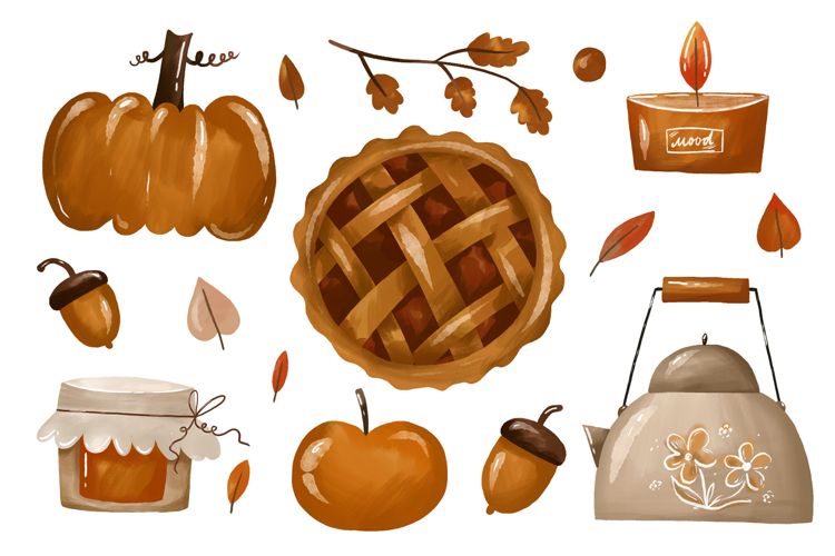 Autumn Thanksgiving Food Illustration. Hand Drawn Watercolor