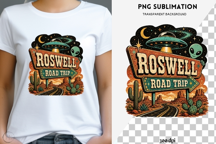 Roswell road trip png design for T-shirts