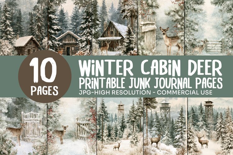 Winter Cabin Deer Junk Journal Pages example image 1