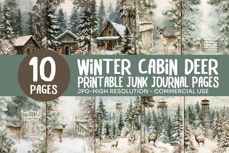 Winter Cabin Deer Junk Journal Pages