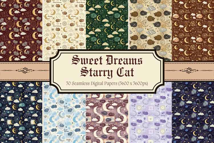 Sweet Dreams Starry Cat Digital Paper,Celestial Sleeping Kit