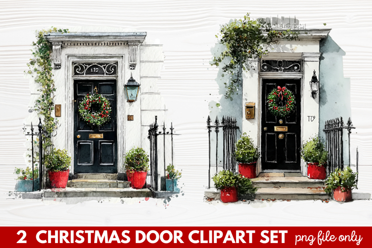 2 Christmas Door Clipart Set | Festive Holiday Front Door