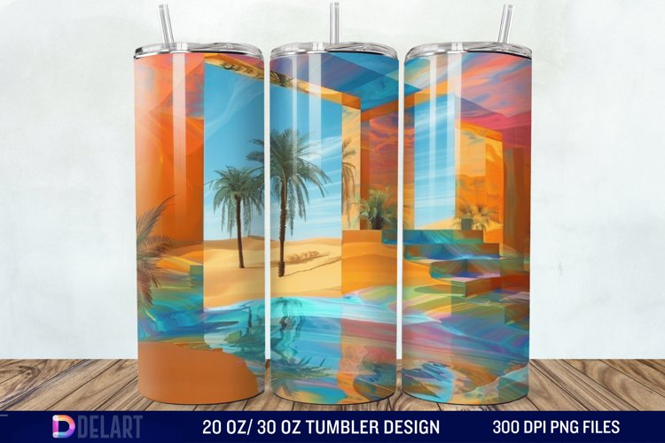 3D Tranquil Desert Oasis Stained Glass Tumbler Wrap example image 1