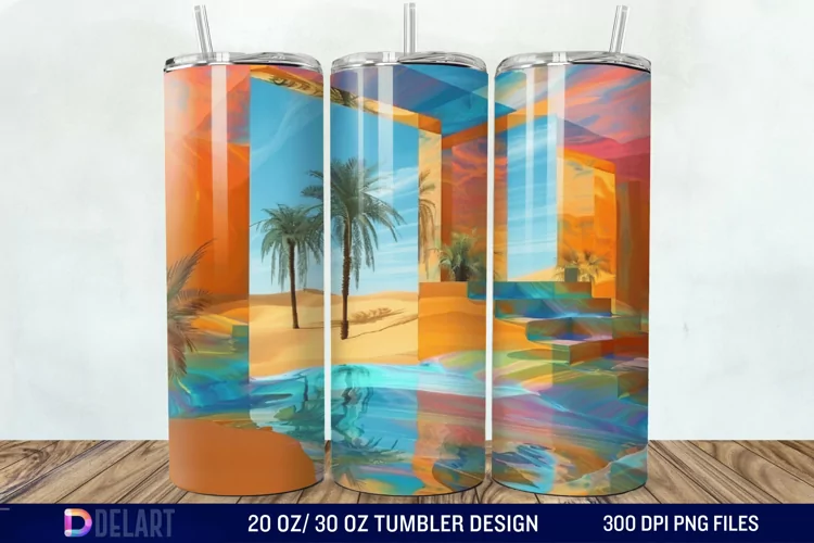 3D Tranquil Desert Oasis Stained Glass Tumbler Wrap