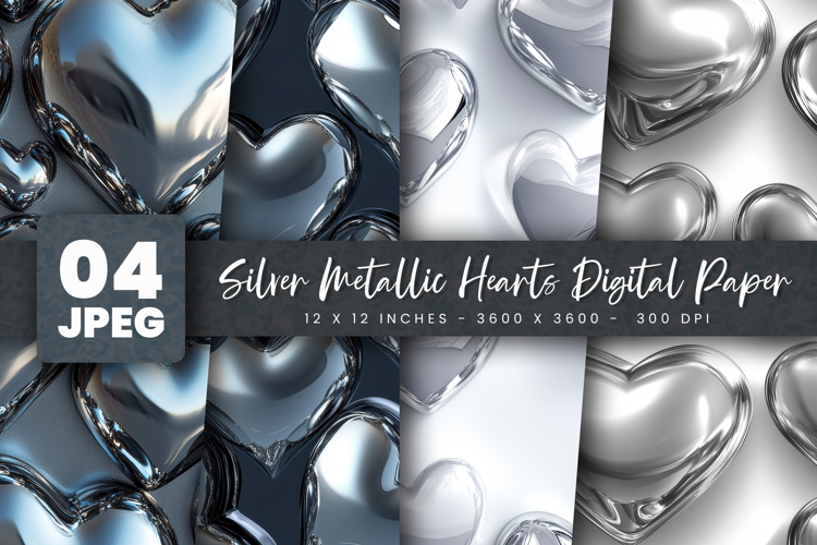 Silver Metallic Hearts Digital Paper