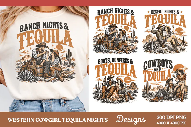 Ranch Nights Tequila Western Cowgirl PNG, Cowboy Cowgirl Des