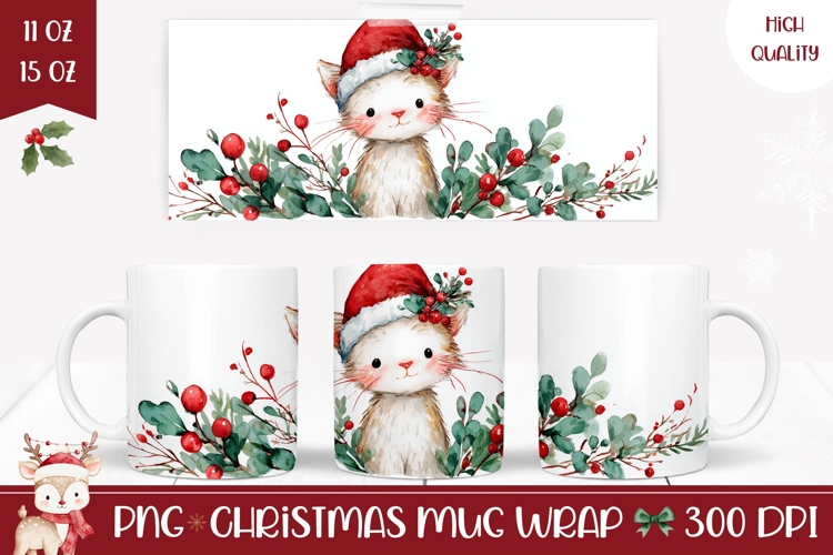 Watercolor Christmas Cat Mug, Christmas Animals Mug Print