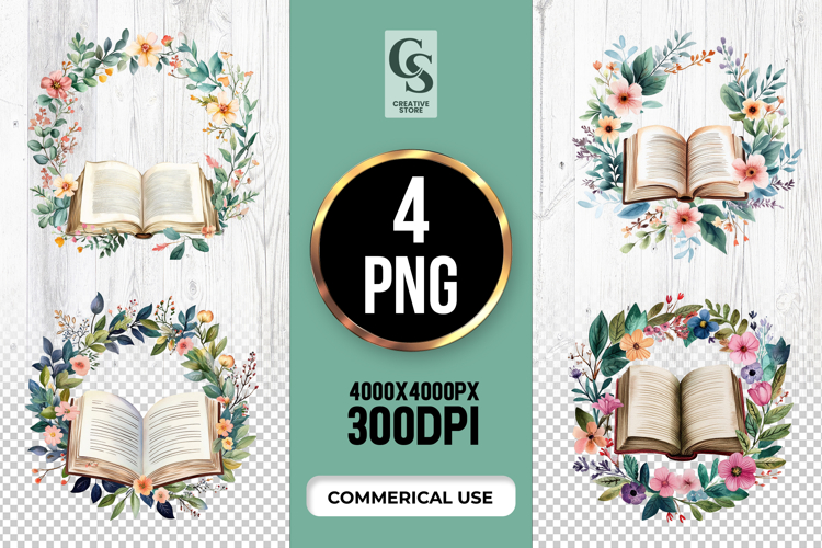 Open Book Floral Wreath Clipart Sublimation PNG