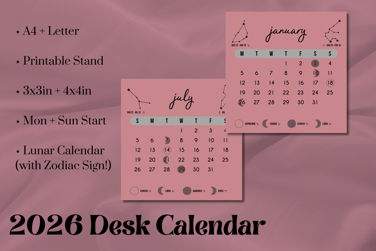 2026 Printable Desk Calendar - Zodiac | Pink