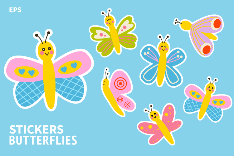 Cute butterfly sticker set colorful cartoon insects