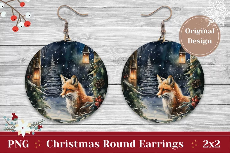 Round Christmas Earring, Watercolor Winter Fox Sublimation