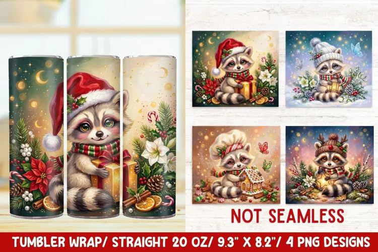 Christmas Raccoon 20 OZ Skinny Tumbler Wrap Sublimation Png.