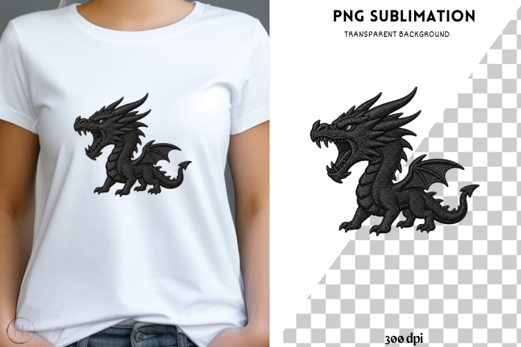 Black Dragon Embroidery PNG | Gothic Fantasy Dragon Clipart example image 1