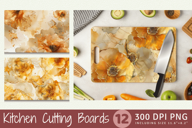 Gold Alcohol Ink Flowers Cutting Boards sublimation Design