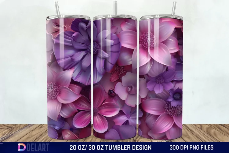 3D Fuchsia and Violet Flowers Tumbler Wrap