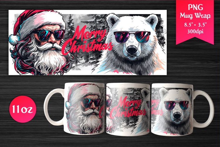 Cool Santa and Polar Bear | Christmas 11oz Mug Wrap Design