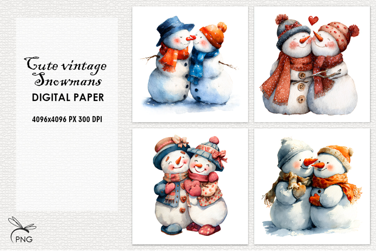 Cute vintage Snowmans digital paper, background clipart