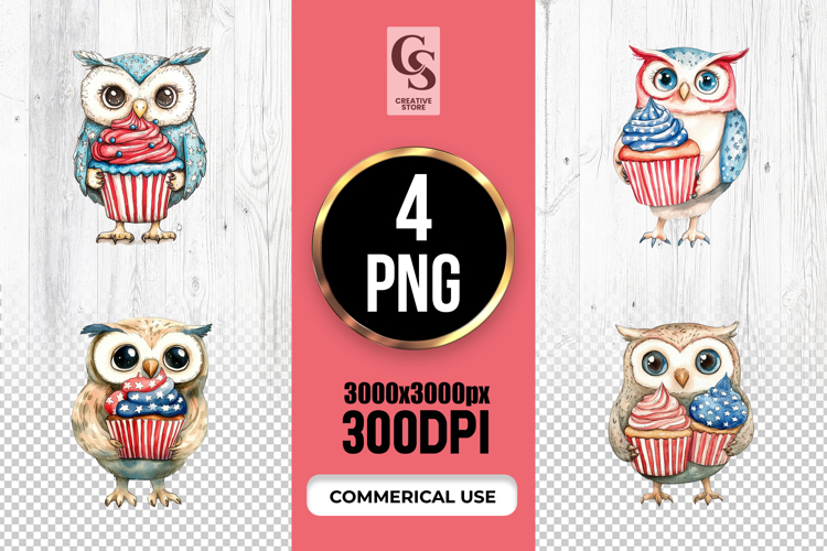 Cute Owl Cupcake Patriotic Watercolor Clipart PNG