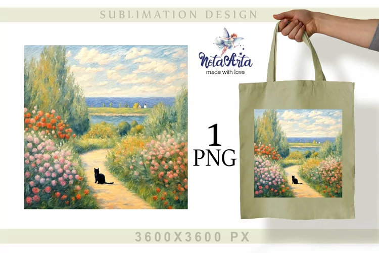 bag with landscape and cat|sublimation design in Monet style