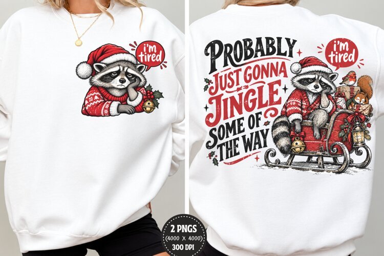 Tired Raccoon Christmas Front Back PNG, Funny Raccoon Chest example image 1