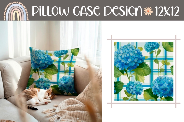 Blue Hydrangea Pillow Template, Floral Pillow Case Print