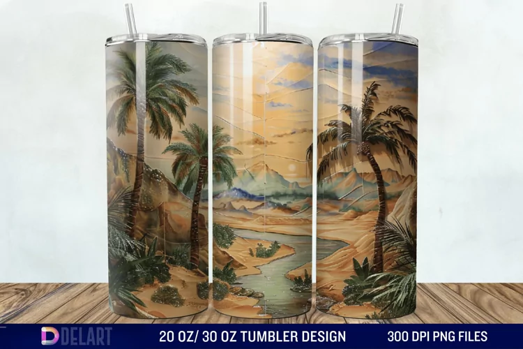 3D Tranquil Desert Oasis Stained Glass Tumbler Wrap