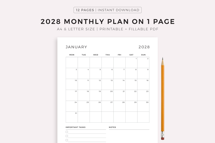 2028 Monthly Planner on One Page, Printable, A4/Letter Size