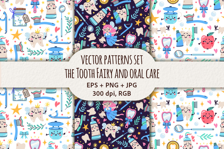 The Tooth Fairy and oral care vector patterns set