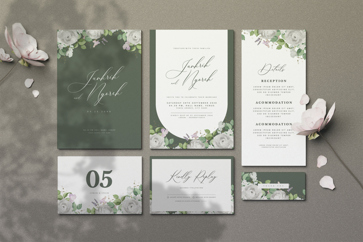 wedding card invitation set with roses flower wreath