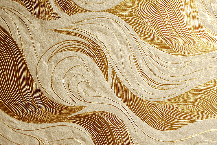A luxurious gold and cream textured wallpaper with swirling