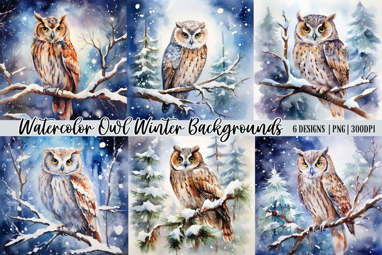 Watercolor Owl Winter Backgrounds|Digital Paper example image 1