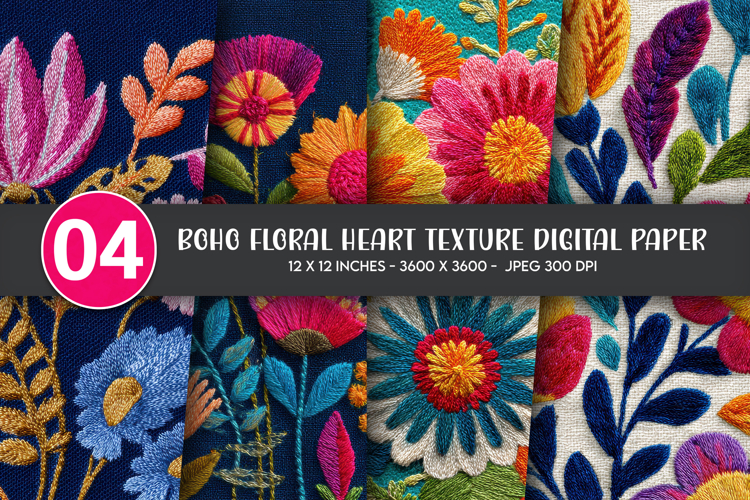 Boho Floral Heart Texture Digital Paper
