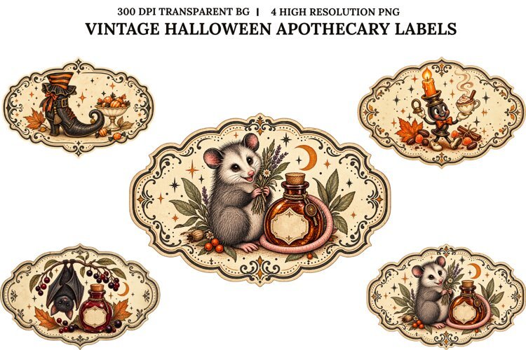 Vintage Halloween Apothecary Labels PNG Spooky Animal Art example image 1
