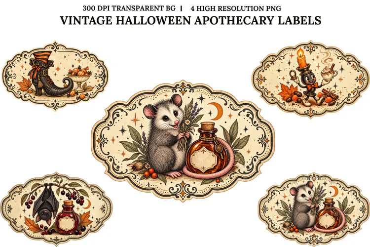 Vintage Halloween Apothecary Labels PNG Spooky Animal Art